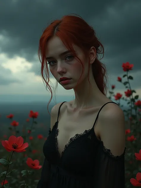 The womans downcast gaze and the single tear escaping her eye speak of a deep melancholia. Her expression is one of quiet sorrow, a stark contrast to the vibrancy of her youth and the potential energy suggested by her subtly highlighted red hair streaks. T...