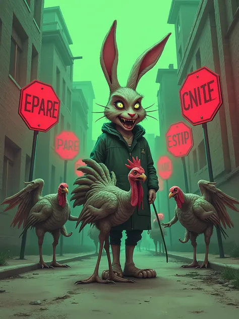 “In a bizarre, nightmarish cityscape, a grinning, sharp-eared figure human rabbit stands in front of a dilapidated brick wall, holding the leash of a monstrous, turkey chicken-like creature with spikes, wings, and a serpentine tongue. The creatures on eith...