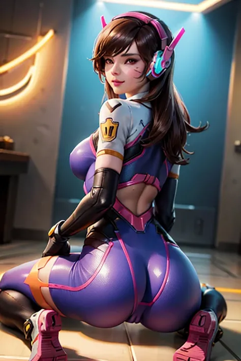 d.va_(overwatch), 1girl, whisker_markings, facial_mark, brown_hair, bodysuit, looking_back, headphones, solo, long_hair, ((showing ass)), pilot_suit, looking_at_viewer, brown_eyes, indoors, from_behind, breasts, meka_(overwatch), parted_lips, kneeling, ban...