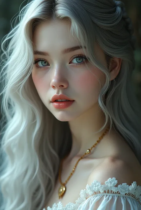 A girl with white skin but a little brown hair and long wavy silver hair.