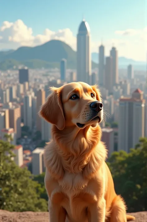 Chat, create a Golden Retriever looking at the landscape of São Paulo and Rio 