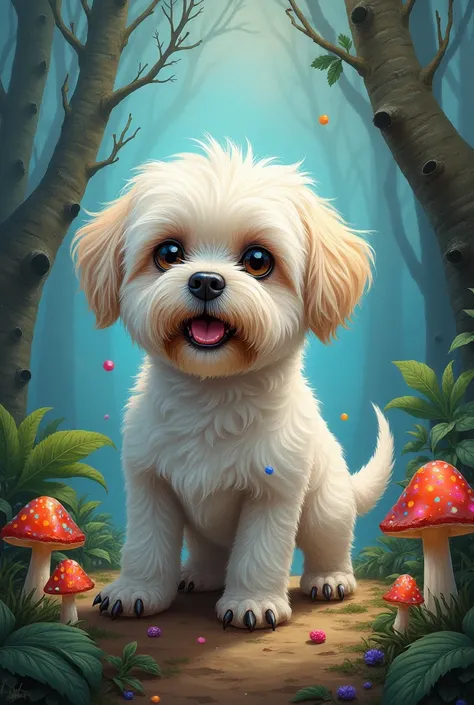 A painting of a white shih tzu as a dinosaur 