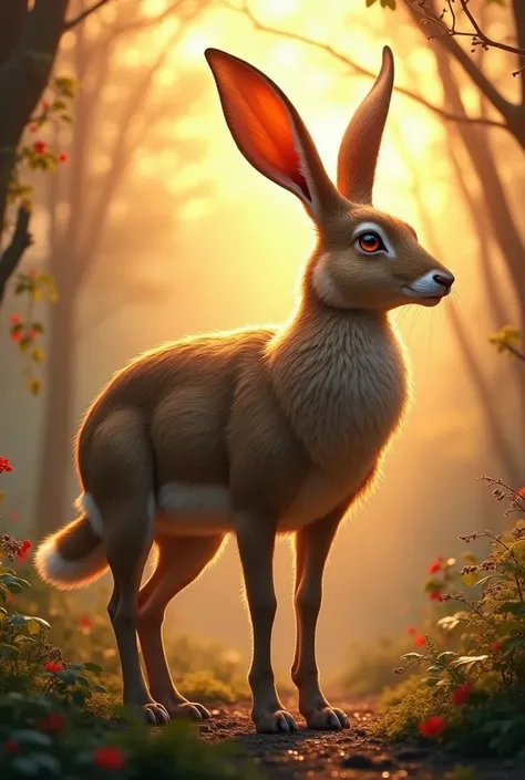 Realistic representation of a Wolpertinger made of duck + Hase + mouse + Anime to print on request ( 1.5, Ultra detailed:1.4, majestic, imposingelegant,  ), Epos, 32K, ultra, Masterpiece, Sunset lighting, immaculate landscape,