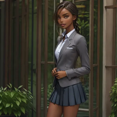 slmn, jasmine tookes,1girl, skinny, masterpiece,best quality,highres,ultra-detailed,aadarjeeling,braid,bangs,school uniform,(gre...