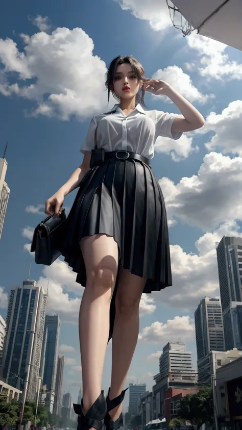 a towering giantess in a white shirt, short sleeves, black color pleated skirt, black belt, looking at viewers, her toned and sh...