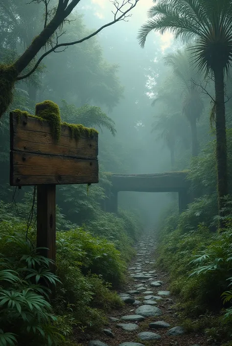 Abandoned dinosaur park, wooden sign with nothing written indicating left and right and then 2 paths ahead