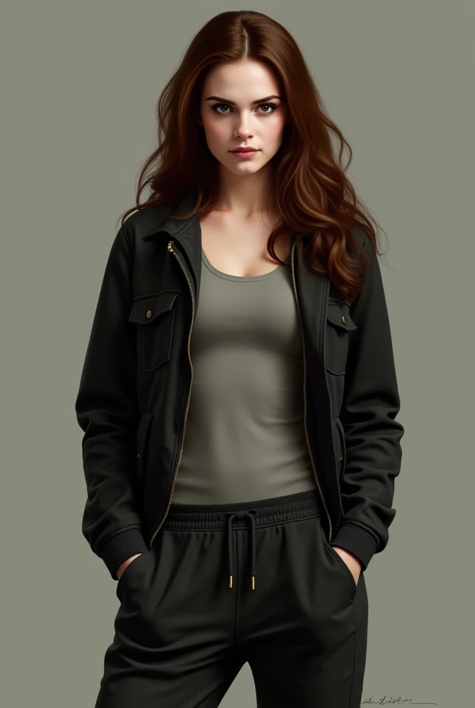 Bella from twilight, with a black jacket and sweat pants