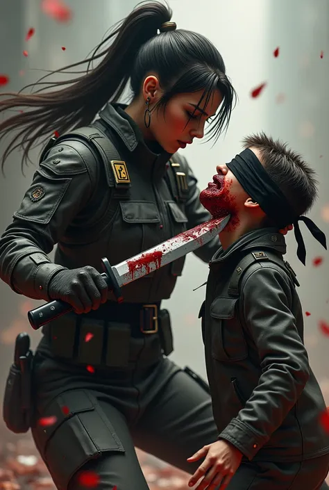 Modern, Realistic, A very beautiful special soldier combat woman knife, pony hair, cut throa t a boy blindfold, neck bloody splash, wide open thr oat, th roat contents