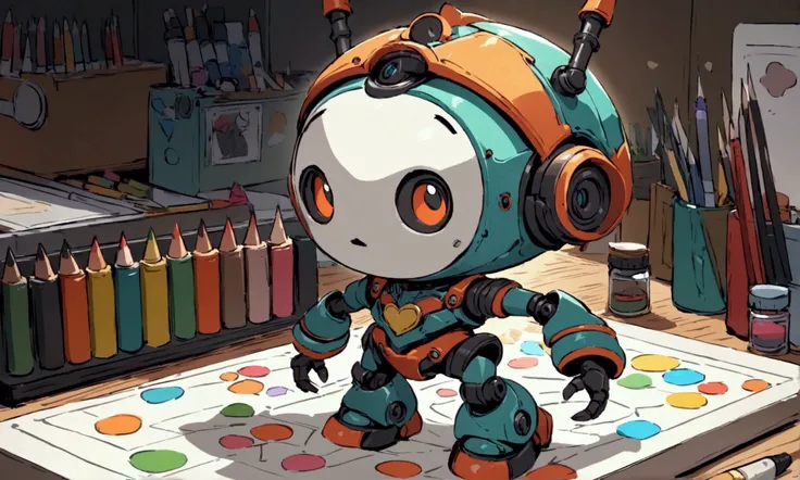 a small helpful wayne robot stands on an art desk using art supplies to create a masterpiece