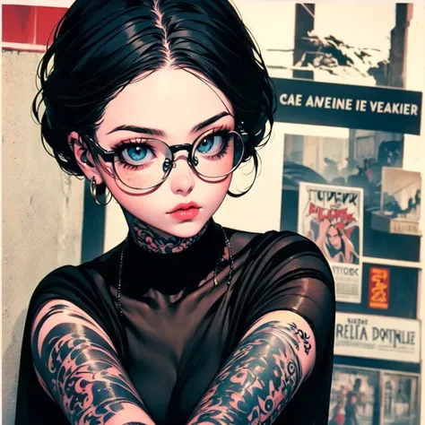 Ultra detailed tattooed woman, ultra detailed tattoos, woman alone, poster vintage, vintage movie poster, 90s poster, 90s style matte colors, retro painting, vintage, glasses and earrings 