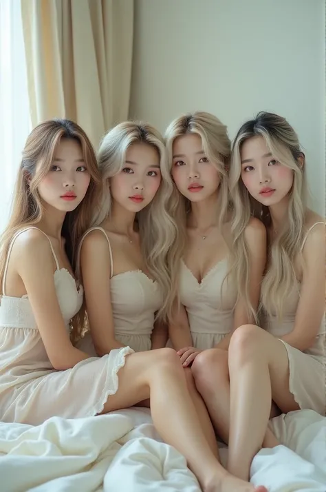 Realistic photography of four korean girl group with high quality, long white and blond wavy hair, sitting on the bed in a dreamy room