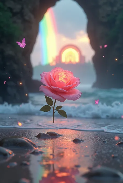 bonfire on the beach, Fantasy inside, rose, vapor, Sun light, masterpieceThe best quality, ultra high resolution, raw, Beautiful view of the beach, Mirleft, natural bridge, rainbow splashing, breaking waves, arena, foam, opalescente, (Photoluminescence wat...