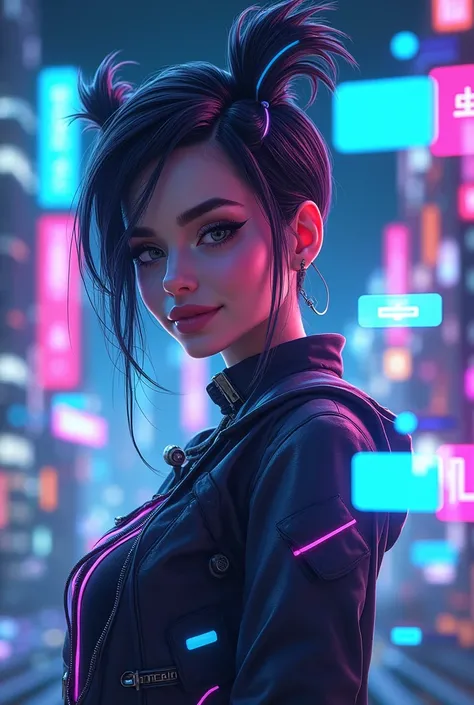 A cool, futuristic girl with a cyberpunk style. She has glowing neon accents in her outfit, with blue and purple tones. Her hair is sleek and tech-inspired, and shes surrounded by floating digital elements like chat bubbles and circuit patterns. The vibe s...