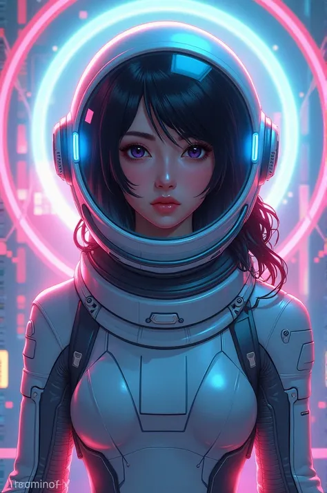 The image is a digital illustration of a young woman in a futuristic space suit. She is wearing a full-body suit with a helmet that covers her head and shoulders. The helmet has two large round lights on either side, which are turned on. The woman has shou...