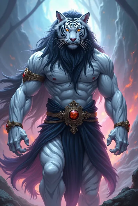 Make me a humanoid white tiger anime style with long black hair and a black beard and black mustache