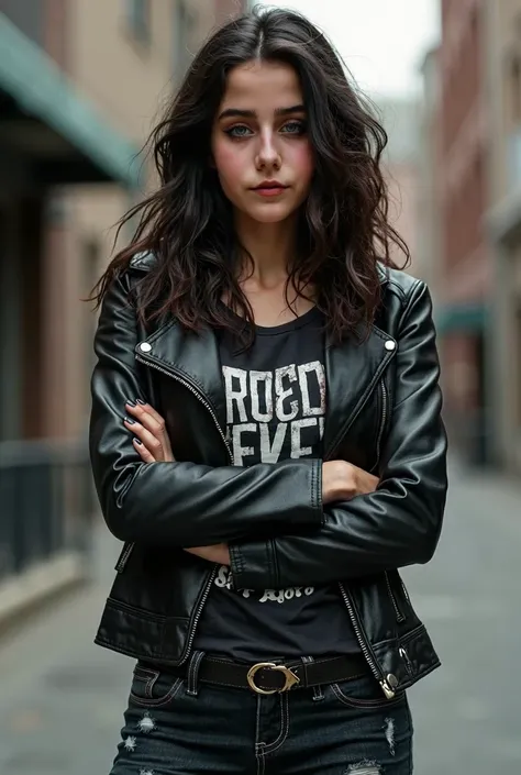 She stands with her arms crossed, exuding confidence and calm. Her wavy dark brown hair cascades over her shoulders. Shes wearing a leather jacket over a graphic band t-shirt with slightly ripped skinny jeans and combat boots. Her bold dark makeup, especia...