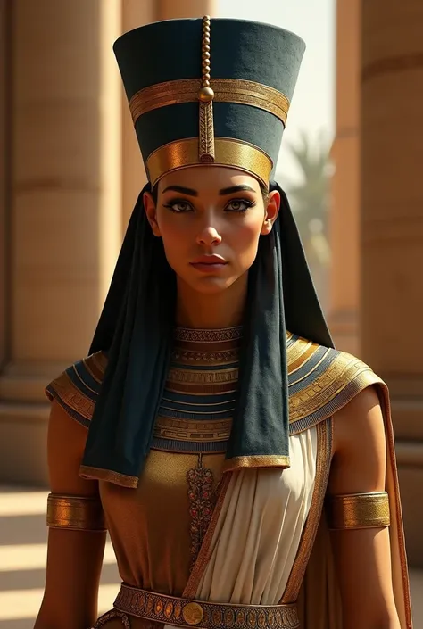 A highly detailed and realistic portrait of Queen Hatshepsut, set in the ancient Egyptian era, (best quality,8k,highres,masterpiece:1.2),ultra-detailed,(realistic,photorealistic,photo-realistic:1.37), detailed facial features, piercing eyes, elegant headdr...