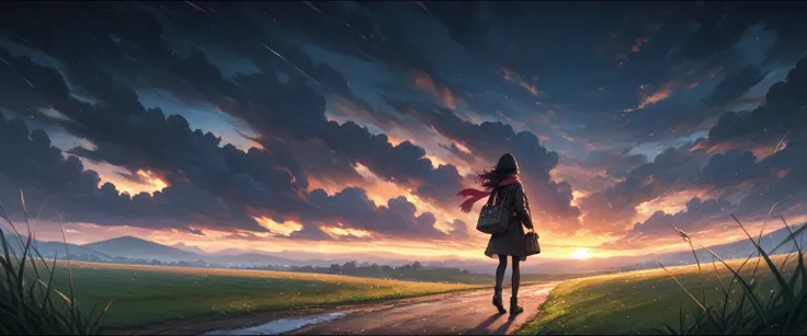 score_9, score_8_up, score_7_up, best quality, source_anime BREAK, 1girl, solo, sky, cloud, outdoors, scenery, black hair, grass, from behind, long hair, standing, cloudy sky, dark, hood, sunset, bag, jacket, night, scarf, long sleeves, facing away,
