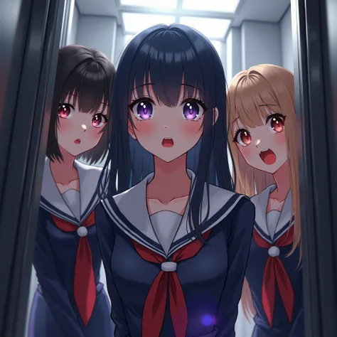 a group of sexy schoolgirls entering an elevator, low angle, realistic, beautiful detailed eyes, beautiful detailed lips, extremely detailed eyes and face, long eyelashes, school uniform, dynamic pose, elegant, photorealistic, 8k, high-quality, best qualit...