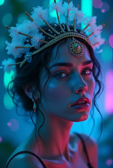 portrait | wide-angle shot of eyes on one side of the frame, lucid and dreamlike woman, looking into the distance ::8 style | Daydreampunk with beautiful skin and eyes, wearing a headdress, beautiful, she is bathed in neon lights, very colorful, blue, gree...