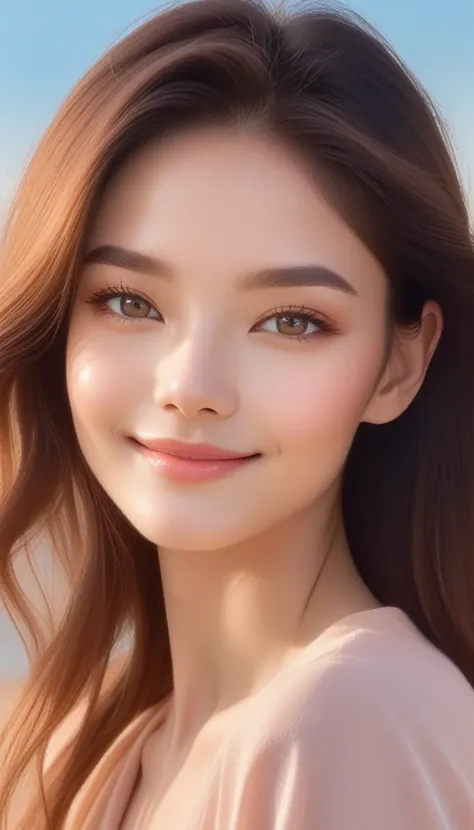 "A radiant young woman with flawless, glowing skin is shown up close. Her complexion is smooth and luminous, with a soft natural makeup look. She has a gentle smile, and her eyes are bright and clear, exuding confidence and freshness. Her hair is shiny and...