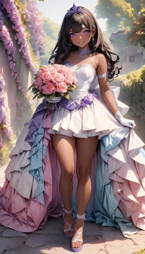 Adult transgender women; With a short corset wedding dress pleated; Lace strapless top; Purple eyes; with eye glasses; showing the whole body; brown skin color; Black long hair; Clothes with the colors of the trans flag, blue pink and white; purple tiara. ...