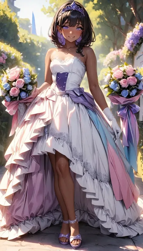 Adult transgender women; With a short corset wedding dress pleated; Lace strapless top; Purple eyes; with eye glasses; showing the whole body; brown skin color; Black long hair; Clothes with the colors of the trans flag, blue pink and white; purple tiara. ...