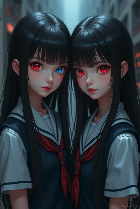 twin sisters, Long hair, red eyes and blue eyes, school uniform, of tanned tea 