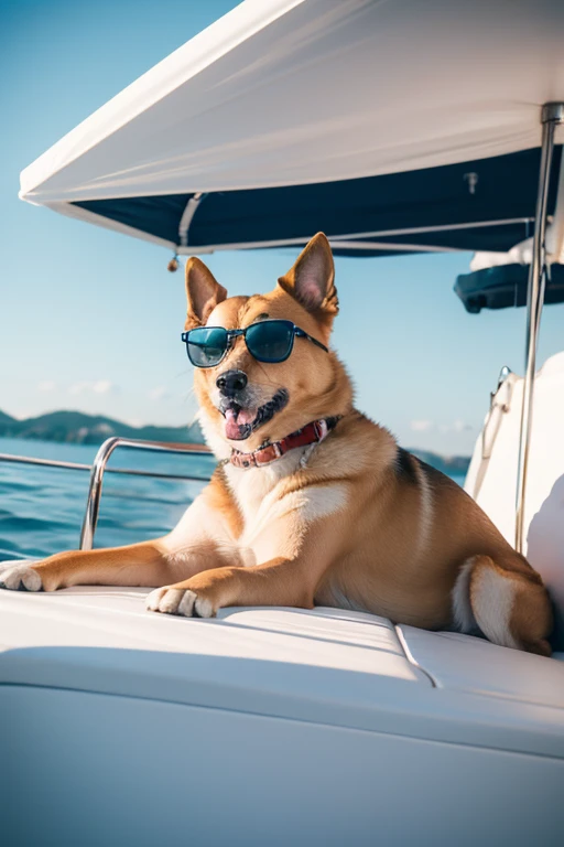 real, raw, realistic photography, dog in a yacht, with sunglasses,