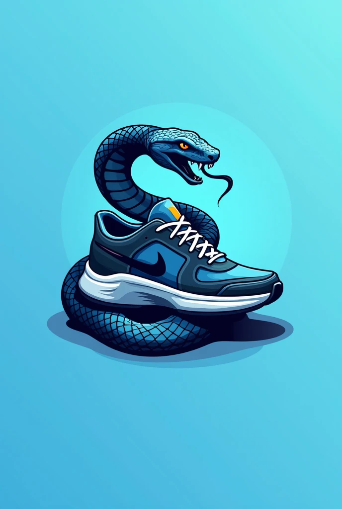 A logo for an online store dedicated to selling urban sneakers in which the general idea is a snake surrounding a sneaker with a bluish background perhaps 
