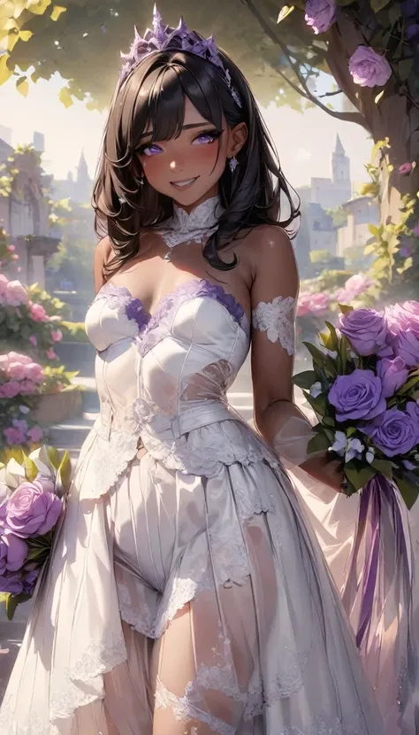 Adult transgender women; With a short corset wedding dress pleated; Lace strapless top; Purple eyes; with eye glasses; showing the whole body; brown skin color; Black long hair; white transparent dress, purple tiara. High silver sandals. holding a bouquet,...