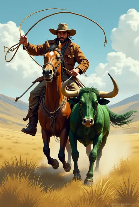 Create an image of a man on a horse lassoing a green ox 