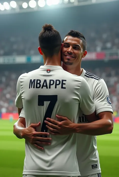 
scenery:
   - **Location:** Santiago Bernabeu Stadium, with the football field visible and part of the stands.
   - **Camera position:** The camera is focused from behind, mostrando las espaldas de cristiano Ronaldo y Kylian mbappé mientras se abrazan de ...