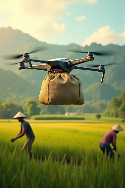 A drone rhat carries a bag of rice