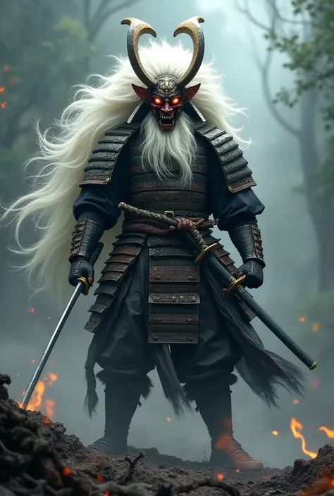 Criw a samurai with an oni mask with big white hair
