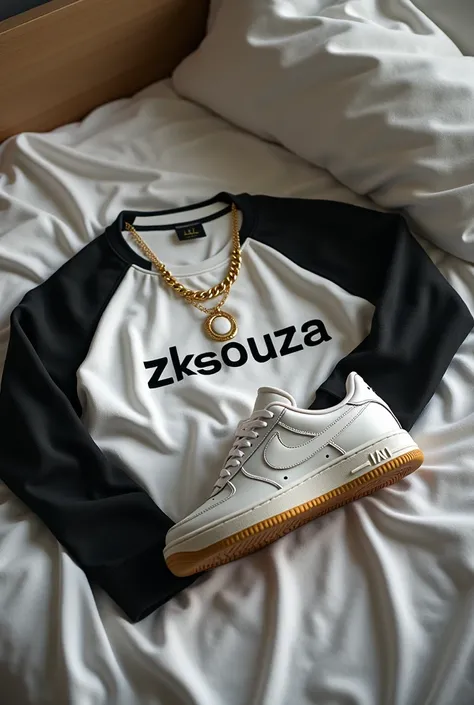 Creates an image on top of a bed a shirt, a pair of pants, a sneaker with the brand "ZKSOUZA" with a gold chain on top of the shirt that also says "ZKSOUZA" the image has to be realistic 