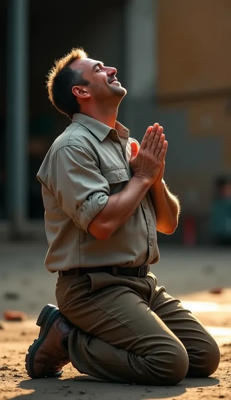 Man in present day in work clothes praying to god enlightened with faith on his knees 