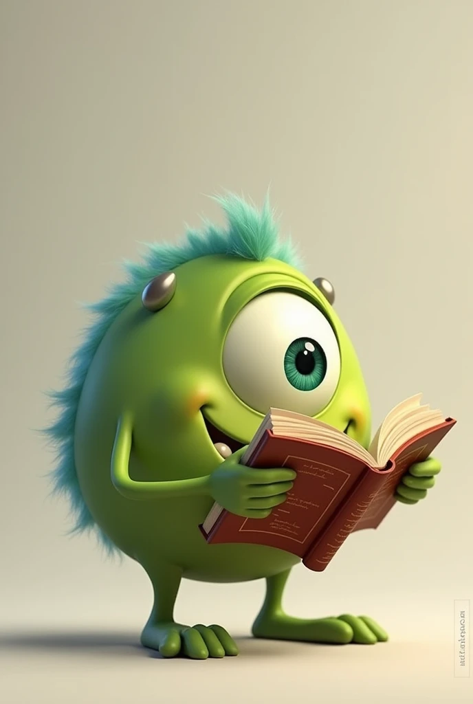 A round, green character with one eye just like Mike Wazowski who is holding a book that is reading. 




