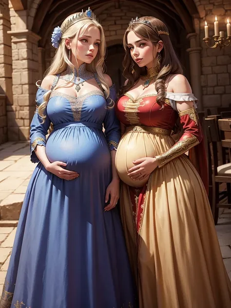 Pregnant mother with her pregnant daughter, with long dresses, queens, set in medieval times, castillo, 