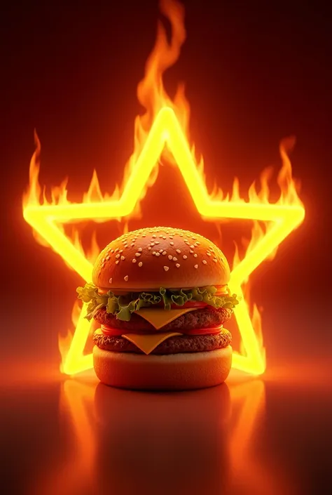 name: Snack star. Burger photo, RED colors, preta e branca, with fire around. <xml><input>realistic</input></xml>. name ESTRELA LANCHE