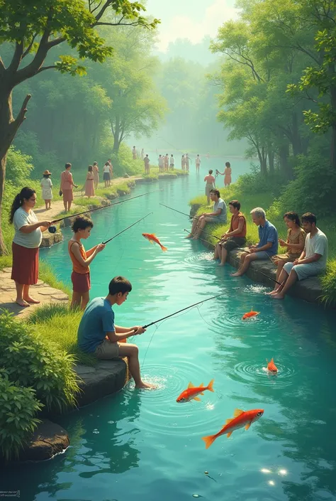 Many people are fishing in a small river，People are happy and fish are jumping。