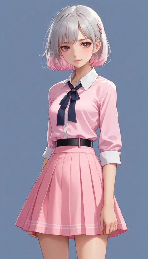 masterpiece,best quality,upper body,1girl, slightly small breasts,collared_shirt and flared_skirt as material2,pink theme,g-pen (medium),lineup,sideways mouth,first-person view, silver hair