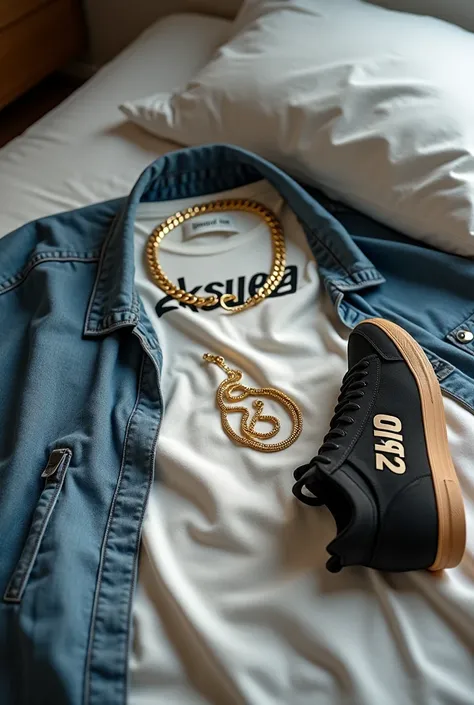 Creates an image on top of a bed a shirt, a pair of pants, a sneaker with the brand "ZKSOUZA" with a gold chain on top of the shirt that also says "ZKSOUZA" the image has to be realistic 