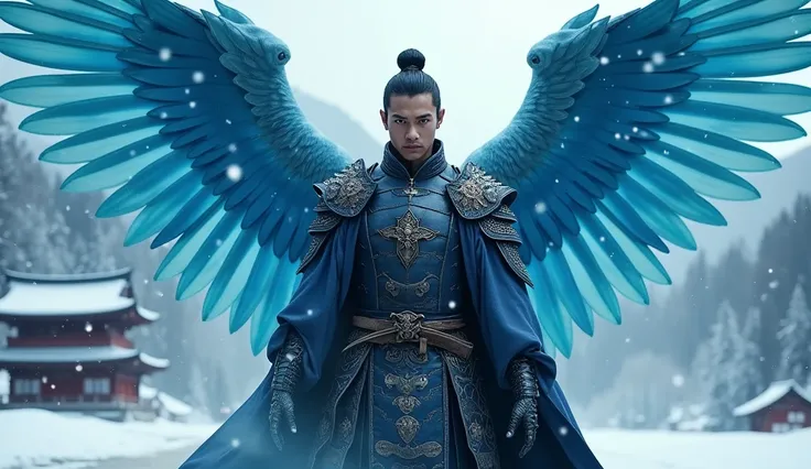 A photo of a japanese male warrior mage with blue wings. cinematic, centered view medium shot with 35mm camera. he looks into the camera with determination in his face. There are magical particles around him with some smoke. A snowy mountain and lone Japan...