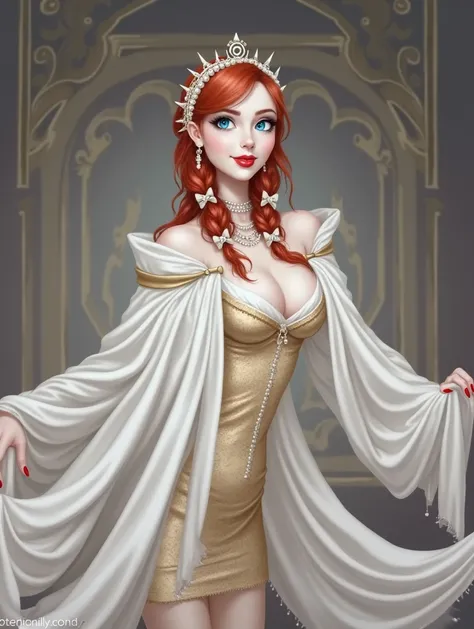 breasts, giant breasts, low cut gold dress , redhead , blue eyes, blue eyes, Bright pupils, red lips, seductive smile, lust long hair, Red hair, Multiple braids, collage, Hair ornament, Hair bow, Head crown, Coders, Hair pearls, surrealism, romance, Rococo...