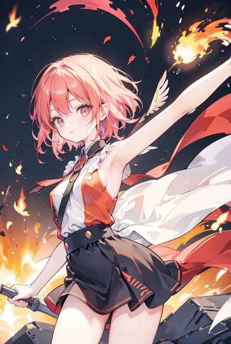 woman,lina, short hair, flying over the city, fire, red glow