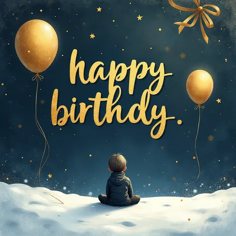 a birthday card with a photo of a person sitting on a frozen surface, surrounded by golden balloons and a decorative bow. the background features a dark, crumpled paper or paper, and the text " happy birthday " " is " the snow - e - math " and " the snow -...