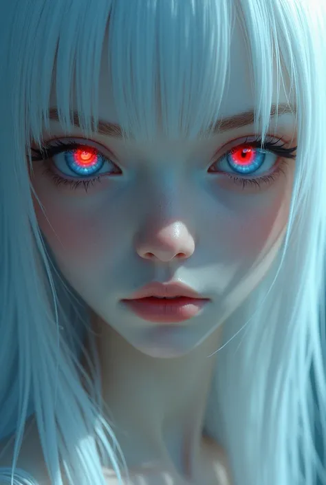 woman, straight hair, long white hair, light skin, red eyes in the center and blue on the outside forming a gradient