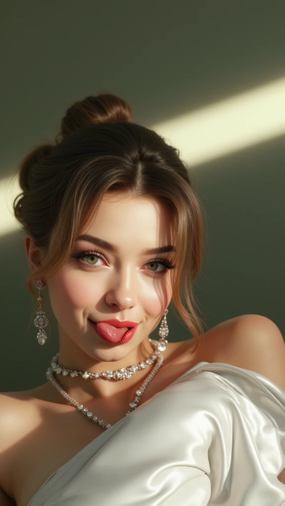 1girl, High Resolution, Solo, Looking at viewer, Breasts, Simple background, Jewelry, Very Long Hair, Earrings, Open Mouth, Tongue Out, Depth Of Field, Best Quality, Double Bun, Light Brown Hair, Large breasts, Blush, Open Mouth, Makeup, Glint, Sparkling E...