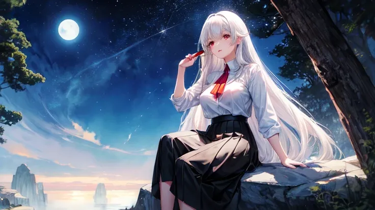 Cute Woman(elegant, Beautiful Face), White shirt,Black jumper skirt、White long hair,Red eyes,Normal size breasts,Emits light from the body,Sitting on a rock,Magical atmosphere,(Wilderness in the background) ,midnight,Moonlight, Watercolor,sketch
